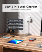 KWRNVO Flat USB Wall Charger 4 Ports Slim 35W USB-C/A Flodable Plug Fast Charging Block for iPhone 8/9/10/11/12/13/14/15 Multiport Power Charging Adapter for ipad and Galaxy Series S8-10 White