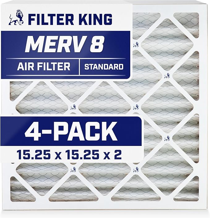 Filter King 15.25x15.25x2 Air Filter | 4-PACK | MERV 8 HVAC Pleated A/C Furnace Filters | MADE IN USA | Actual Size: 15.25 x 15.25 x 1.75"