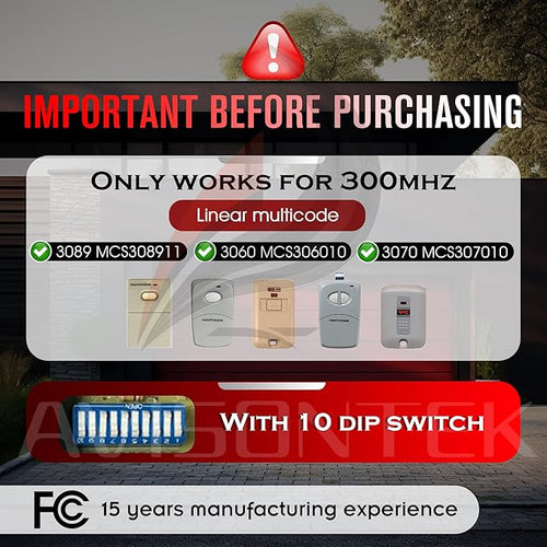 2 for Multi-Code 3089 308911 Linear MultiCode MCS308911, 10 Dip Switch Gate Opener Remote 300MHZ, Multi Code Garage Door Opener【10-Year-Warranty】