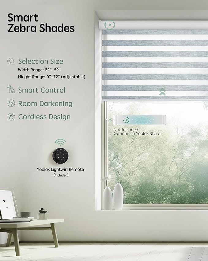Yoolax Motorized Blinds with Remote, Electric Zebra Blinds for Indoor Windows, Room Darkening Smart Shades with Voice Control, Compatible with Alexa Google Home, APP Control,59" W x 72" H, Grey