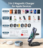 3 in 1 Magnetic Wireless Charging Station for Apple Devices, Fast Foldable Travel Mag-Safe Charger Stand with Night Light for iPhone 17 16 15 14 13 12 Series, Apple Watch/AirPods Pro