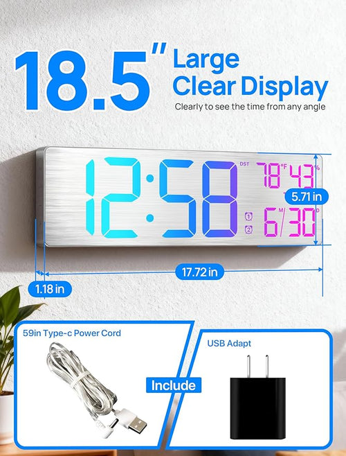 18.5" Large Digital Wall Clock with Remote Control, Big LED Display Digital Clocks with Night Light, Alarm, Countdown, DST, Temp, Date for Living Room, Bedroom, Office, Gift for Seniors(Silver)