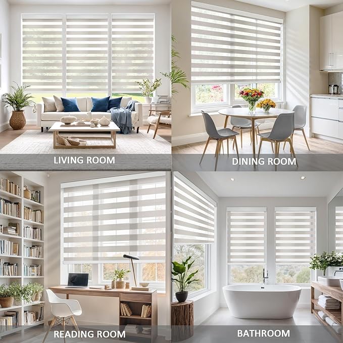 COOLWINDS Motorized Zebra Blinds for Windows Cordless Electric Curtains with Remote Control Blackout Shades Custom Smart Blinds Compatible with Alexa Google Home(Light Filtering Beige,W34 X 72in)