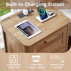 Joaxswe Farmhouse Nightstand with Charging Station, End Tables Bedroom with 2 Large Drawers & 4 Thickened Table Legs, Dark Wood