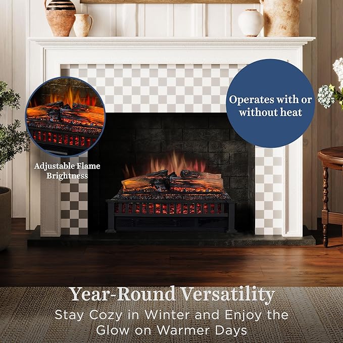 Country Living Electric Fireplace Logs, 27” LED Electric Fireplace Inserts with Infrared Heater, Electric Heater Heats up to 1000 Sq. Ft., Remote Controlled Infrared Heaters for Indoor Use, Black