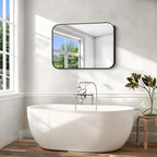 Black Bathroom Mirror, 28x42 inch Aluminum Metal Frame Rectangular Vanity Mirror, Wall Mounted Rectangle Mirrors with Rounded Corner for Bedroom Living Room Hangs Horizontal Or Vertical