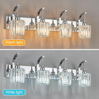 FDPBY Modern Bathroom Vanity Light, 4-Light Chrome Wall Sconce with Crystal Accents, Over Mirror Bathroom Lighting Fixture, 32.67" Long Dimmable Vanity Lamp for Makeup, Easy Installation