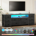 Huuger 63 Inch TV Stand for 65, 70 Inch TV, 11 Drawer Long Dresser with Power Outlets and LED Lights, Entertainment Center with Storage, Grey Dresser with PU Leather Surface