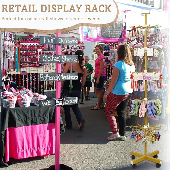 Exttlliy Retail Display Stand 5 Tier Metal Spinning Display Rack with Wheels Keychain Jewelry Stocking Hat Display Stand with Hooks for Malls, Showroom, Retail Store (Gold)
