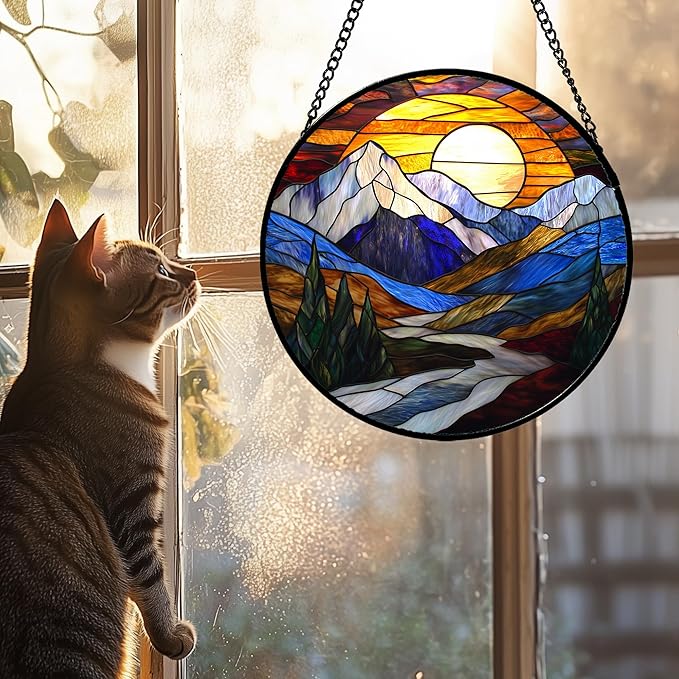 AMDERVEN Stained Glass Window Hanging, Yellow Blue Sunset Mountains Scenery Sun Catcher for Window Home Decor Landscape Suncatcher Mother's Day Birthday Gifts for Women Men Mom and Nana 11.8 in
