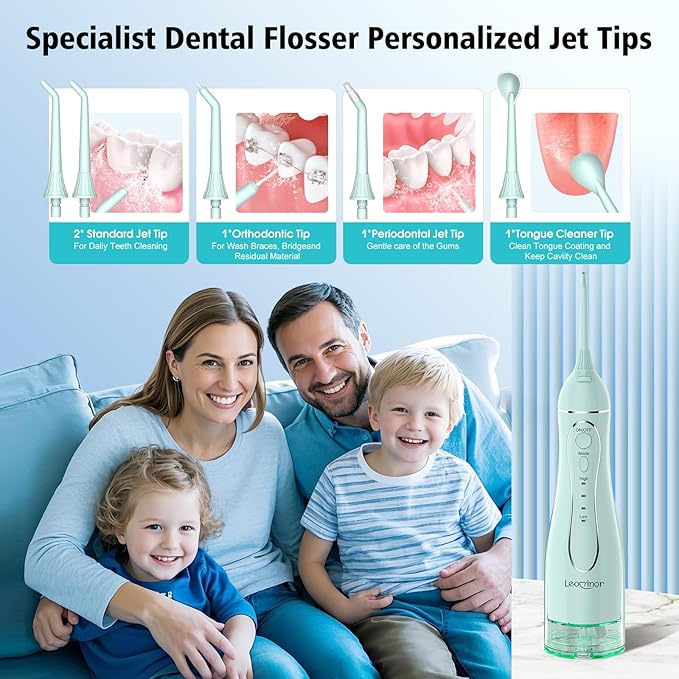 Leominor Water Dental Flosser Pick for Teeth, 300ML Portable Oral Irrigator Upgraded Tank Removable,IPX7 Waterproof, Rechargeable Travel Teeth Cleaner, Professional Electric Flossing (Green)