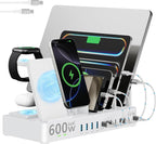 600w Charging Station for Multiple Devices, 15 in 1 Wireless Charger with 2pack 100w USB C Charger Cable, Dual 100w USB C Tablet Charging Station for MacBook,iPhone,iPad,Tablet (White)