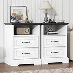 Nightstand with Charging Station,18" Wide End Table with 2 Large Drawers & Metal Handles,Rustic Farmhouse Wood Small Dresser,Bedside Table,Modern Chest of Drawers for Bedroom,Living Room,Off White