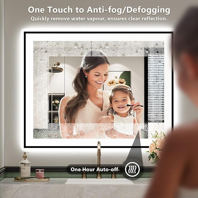 YEELAIT 28x32 Inch LED Bathroom Mirror with Lights (Front Lit and Backlit) Black Framed Lighted Vanity Mirror for Bathroom Wall Dimmable Anti-Fog Memory Tempered Glass Horizontal/Vertical