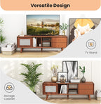 Giantex Mid Century Modern TV Stand for TVs up to 65", Wood Entertainment Center with Open Storage Shelves, PE Rattan Sliding Doors & Drawers, Media TV Console Table for Living Room (Walnut)