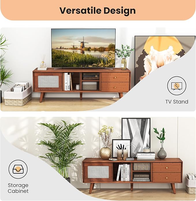 Giantex Mid Century Modern TV Stand for TVs up to 65", Wood Entertainment Center with Open Storage Shelves, PE Rattan Sliding Doors & Drawers, Media TV Console Table for Living Room (Walnut)