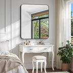 Bathroom Mirror, 36 x 30 inch Metal Framed Black Rectangle Mirror, Rounded Corner Rectangular Vanity Mirror, Wall Mounted Mirror for Modern Bedroom Living Room Hangs Horizontal or Vertical