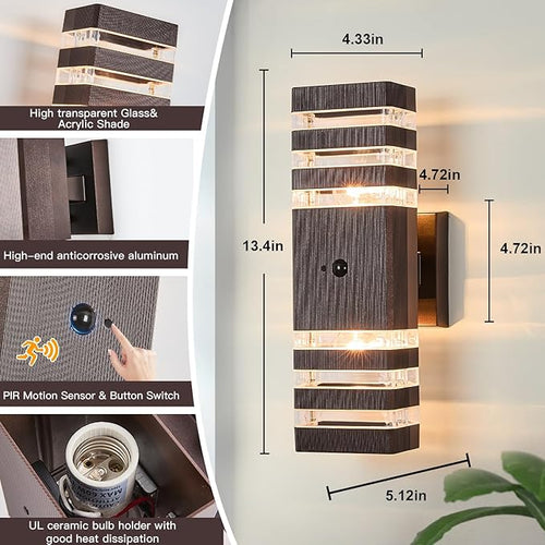 2 Pack Oil Rubbed Bronze Outdoor Wall Lights Fixtures with Motion Sensor Up Down Porch Lights Modern Dusk Dawn Exterior Sconce Wall Mount Outside Coach Lantern for House(With 4 Dimmable Warm Bulbs)