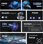 PTZ Camera with 20X Optical Zoom HDMI/USB3.0 Wide View Angle 1080P for Video Conference Meeting Church Live Streaming Education Works with Zoom Webex OBS YouTube Red Dot Design Winner