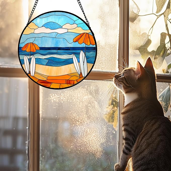 AMDERVEN Stained Glass Window Hanging 4 Pcs Set Blue Ocean Surfing Beach 6.3" - Suncatcher Door Garden Sun Catcher Decor Birthday Mother's Day for Firefighte Men Woman Nana Mom