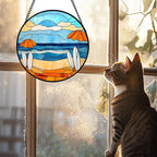 AMDERVEN Stained Glass Window Hanging 4 Pcs Set Blue Ocean Surfing Beach Large 11.8" - Suncatcher Door Garden Sun Catcher Decor Birthday Mother's Day for Firefighte Men Woman Nana Mom