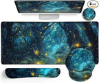 LIMKRIAN Ergonomic Mouse Pad Set Large Desk Matt for Desktop, Gaming Mouse Pad Wrist Rest Keyboard Mat Cup Coaster Set Cute Office Desk Decor Accessories for Women, Firefly Forest