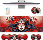 4 in 1 Ergonomic Keyboard Wrist Rest & Mouse Pad Wrist Rest Set, Large XXL Gaming Desk Mat 31.5"x 11.8" with Non-Slip Base, Memory Foam for Home Office Study Gaming, Sugar Skull Girl Roses