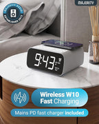 Majority Bluetooth Alarm Clocks with Wireless Charging | Bedside Clock for Bedroom with 10W Power FM Radio | Large Screen Display, Loud Alarm for Heavy Sleepers, and Display Backlit Dimmable Darwin