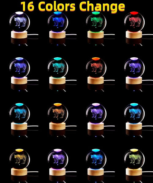 3D Crystal Ball Lamp with Lifelike LED Bear, 16 Color Changing Light, Dimmable Remote Control