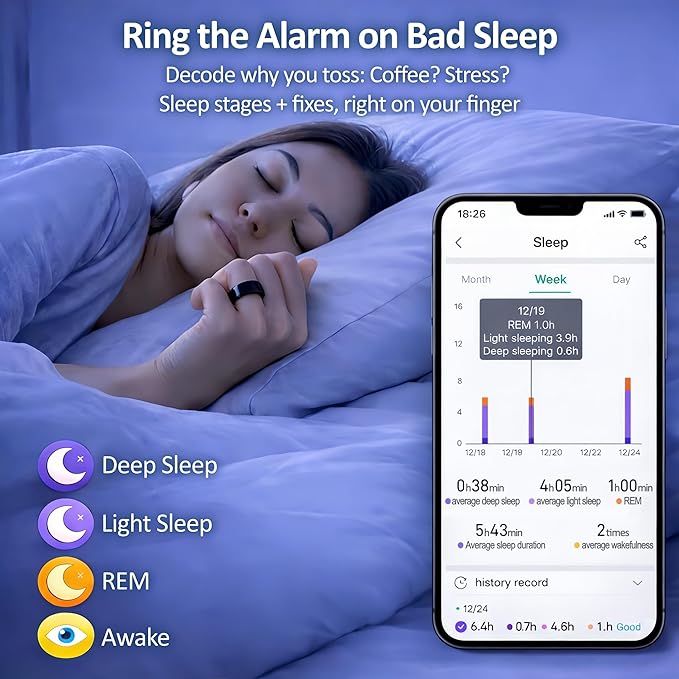 Smart Ring Health & Fitness Tracker for Men & Women, Heart Rate, SPO₂, Sleep & Activity Monitoring, IP68 Waterproof, Long Battery Life, Family Care Mode, No Subscription Fee (Black, 7)