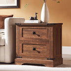 T4TREAM 24" Farmhouse Nightstand with Charging Station Set of 2, Large End Table with 2 Storage Drawers, Rustic Wood Sofa Bedside Table for Bedroom, Reclaimed Barnwood Color