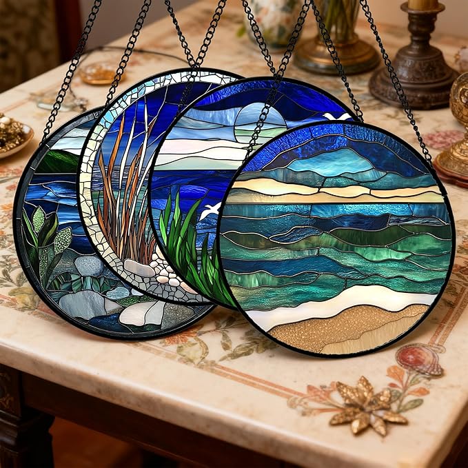 AMDERVEN Stained Glass Window Hanging 4 Pcs Set Navy Blue Ocean Landscape 6.3" - Suncatcher Door Garden Sun Catcher Decor Birthday Mother's Day for Mom Woman Nana Girl Boy Friend