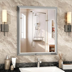 SMIROR Brushed Silver Bathroom Mirror for Over Sink, 36”x 30” Metal Thick Framed Rectangle Vanity Mirror for Wall, Right Angle Corner, Anti-Rust, Horizontally or Vertically Mounted