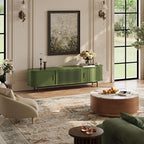 POVISON Fully-Assembled Modern Green TV Stand with Tambour Doors, Fluted TV Media Console for 100 Inch TVs, Sliding Door Entertainment Center with Storage for Living Room (Green, 118.11")
