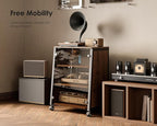 FITUEYES Design 4-Tier Media Stand with Brown Glass Doors Audio Rack with Adjustable Shelves Stereo Cabinet Protection Equipment for Vinyl Record Player Stereo Receivers Audio Gear, Eiffel Series