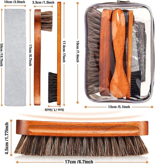 7 Pcs Horsehair Shine Shoes Brush Kit Polish Dauber Applicators Cleaning Leather Shoes Boots Care Brushes Suede Cleaner Brush with Microfiber Shoe Cloth(7 Pcs Style C)