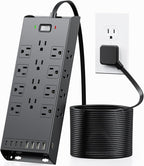 Surge Protector Power Strip 4800J, LeZone 10Ft Long Extension Cord Flat Plug, 20 Outlets 8 USB Ports(4 USB-C), Wall Mountable, Desk Charging Station, Black