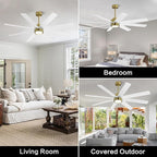 WINGBO 60" Large DC Ceiling Fans with Lights and Remote, 3 Downrods, 8 Plywood Blades, 6-Speeds Reversible DC Motor, 3CCT, Indoor Ceiling Fan for Bedroom Living Room Patio, Brass and White