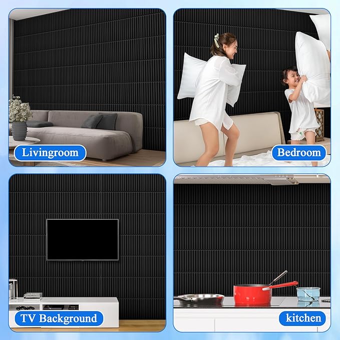 Nuanchu 90 Pcs 3D Slat Wall Panels 12 x 12 Inch PVC Fluted Textured Panel Cuttable Paintable DIY Wall Art Decorative Tiles for Ceiling Studio Bathroom Interior TV Background (Black)