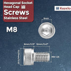 Kozelo 10pcs Socket Head Cap Screws - [M8-1.25 x 12mm] 304 Stainless Steel Allen Socket Drive for Electrical Motor 3D Printing Fan Engine Replacement Use, Silver