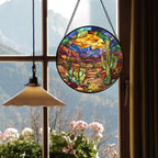 CRISGIF Stained Glass Window Hanging Cactus Mountains Landscape Large 11.8" - Suncatcher Door Garden Sunroom Sun Catcher Home Decor Birthday Christmas for Mom Men Woman Nana