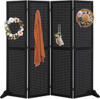 Bonnlo 4 Panel Pegboard Freestanding, 5 FT Portable Display Board Organizer for Craft Show Jewelry, Wooden Folding Privacy Screen Room Divider (with Base, Black)