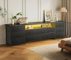 Huuger 78.7 Inch TV Stand for 75, 80 Inch TV, 11 Drawer Long Dresser with Power Outlets and LED Lights, Entertainment Center with Storage, Black Dresser with PU Leather Surface