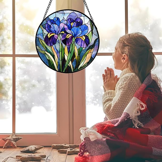 CRISGIF Stained Glass Window Hanging - Blue Purple Iris Flower Suncatcher for Door Garden Patio Sun Catchers Decor Christmas Mother's Day Birthday Gifts for Women Men Mom Nana Aunt Friend 9.8 in