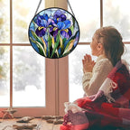 CRISGIF Stained Glass Window Hanging - Blue Purple Iris Flower Suncatcher for Door Garden Patio Sun Catchers Decor Christmas Mother's Day Birthday Gifts for Women Men Mom Nana Aunt Friend 11.8 in