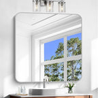 Silver Bathroom Mirror, 42 x 42 Inch Silver Square Mirror, Metal Framed Rectangular Vanity Mirror, Rounded Corner Wall Mounted Mirror for Living Room Bedroom Entryway Hangs Horizontal/Vertical