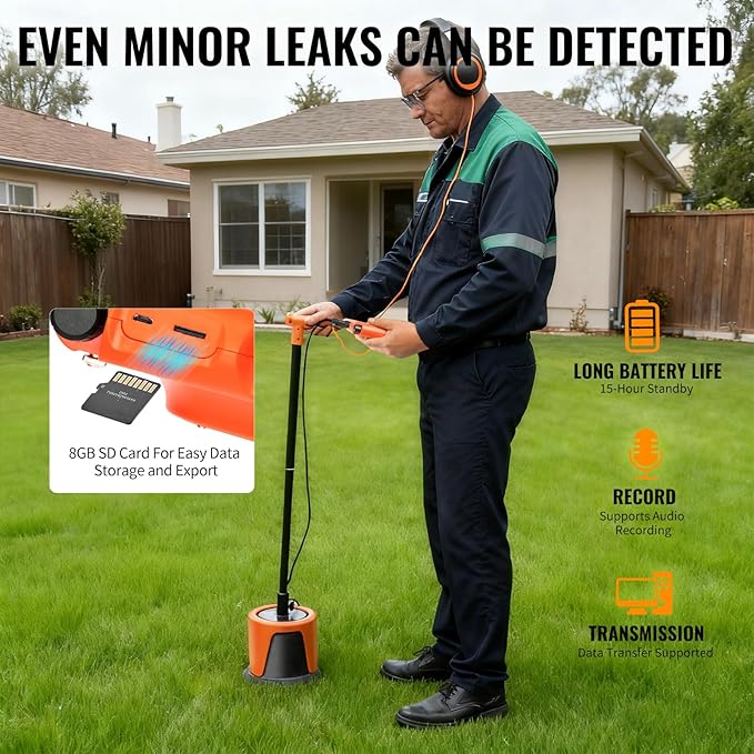 PQWT L5000 Underground Water Leak Detectors Indoor Outdoor Wall Water Pipe Detector Machine Multi Sensor Acoustic Pipeline Leakage Detection Kit Noise Reduction Headphone Smart Touchscreen Carry Case