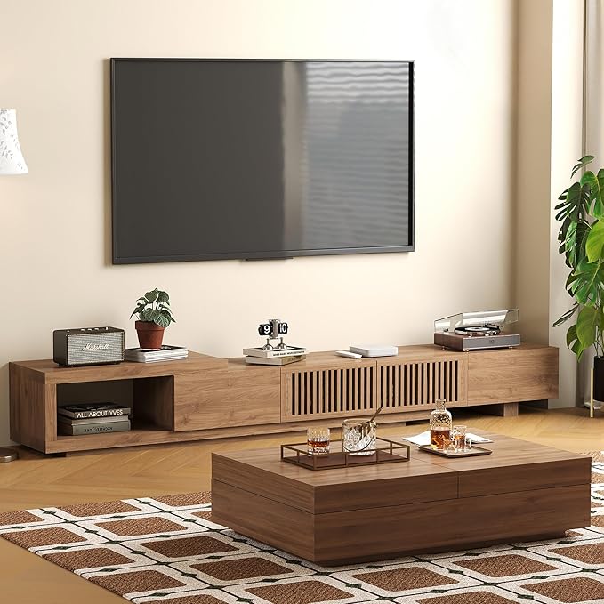 gaoyangjiaju Mid-Century Modern Expandable Coffee Table & TV Stand Set, Walnut Finish – Elegant Storage Combo for Living Room, Bedroom, or Lounge (78.54“ to 103" TV Stand+Coffee Table)