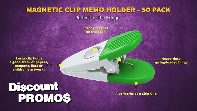 50 Magnetic Memo Holders Set - Customizable Text, Logo - Large Clip, Plastic - White Green