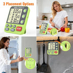 MOSTRUST Digital Dual Kitchen Timer, 3 Channels Countdown Triple Timer for Cooking, Magnetic Memory-Preset Large-Display Adjustable Alarm Volume, Multi Times Management, 3A Battery Included, Green